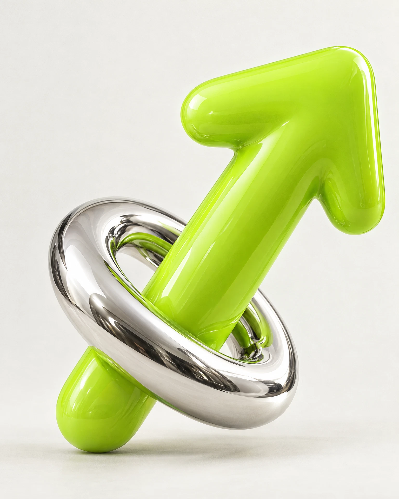 Composición creativa de una flecha ascendente verde lima y un anillo de cromo